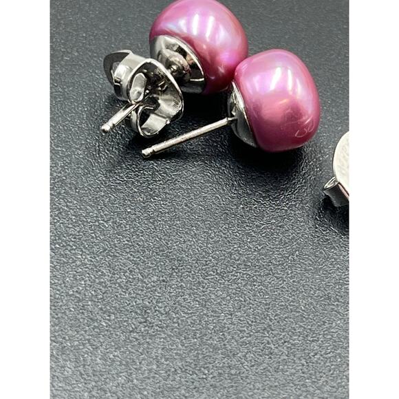 Honora Magenta Purple Cultured Pearl Pierced Sterling Silver Stud Earrings 10mm - Picture 5 of 8